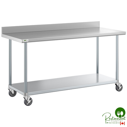 30" x 72" 18-Gauge 304 Stainless Steel Commercial Work Table with 4" Backsplash, Galvanized Legs, Undershelf, and Casters By Prime
