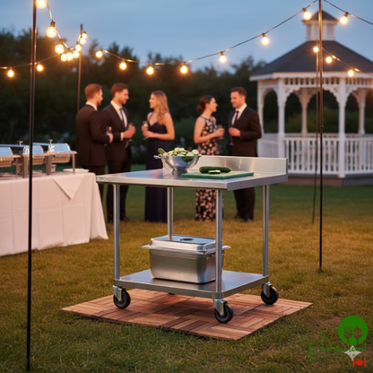 36" x 36" 16-Gauge 304 Stainless Steel Commercial Work Table with 4" Backsplash, Undershelf, and Casters By Prime