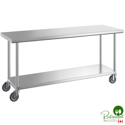 24" x 72" 16-Gauge 304 Stainless Steel Commercial Work Table with Undershelf and Casters By Prime