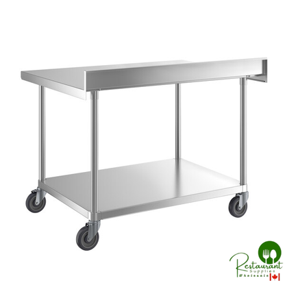 36" x 48" 16-Gauge 304 Stainless Steel Commercial Work Table with 4" Backsplash, Undershelf, and Casters By Prime