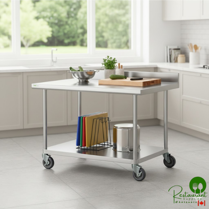 36" x 48" 16-Gauge 304 Stainless Steel Commercial Work Table with 4" Backsplash, Undershelf, and Casters By Prime