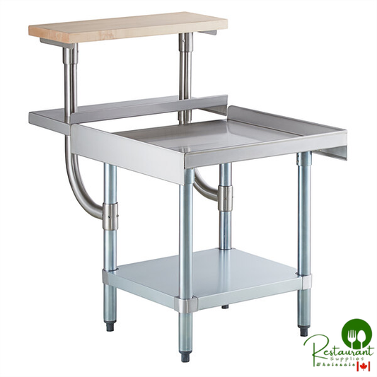 24" x 24" 16-Gauge Stainless Steel Equipment Stand with Galvanized Undershelf, 10" Plate Shelf, and 10" Wooden Adjustable Cutting Board By Prime
