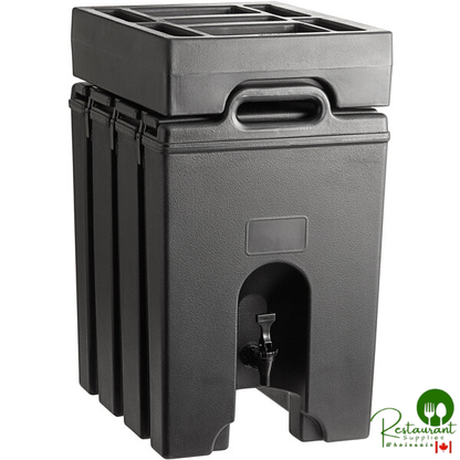 Cambro Camtainer® 11.75 Gallon Black Insulated Beverage Dispenser with Black 7-Compartment Condiment Holder