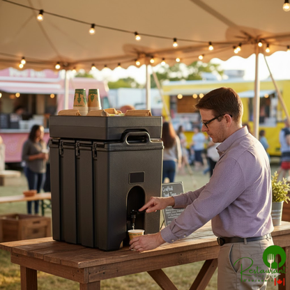 Cambro Camtainer® 11.75 Gallon Black Insulated Beverage Dispenser with Black 7-Compartment Condiment Holder