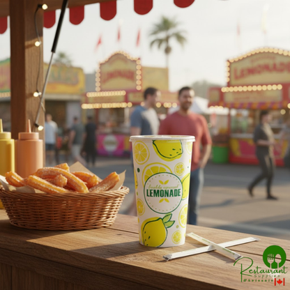 32 oz. Poly Paper Lemonade Cup and Flat Straw Slot Lid By Prime - 100/Pack
