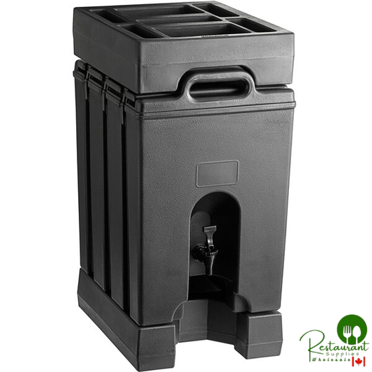 Cambro Camtainer® 11.75 Gallon Black Insulated Beverage Dispenser with Black 7-Compartment Condiment Holder and 4 9/16" Riser