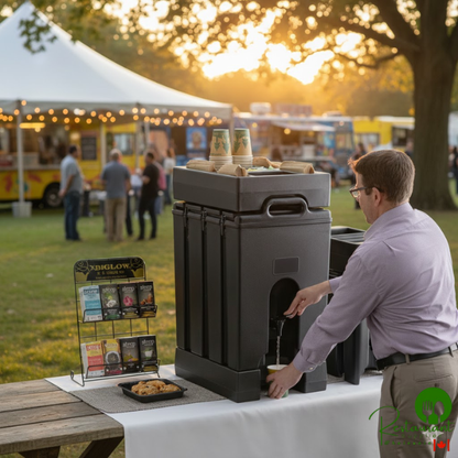 Cambro Camtainer® 11.75 Gallon Black Insulated Beverage Dispenser with Black 7-Compartment Condiment Holder and 4 9/16" Riser