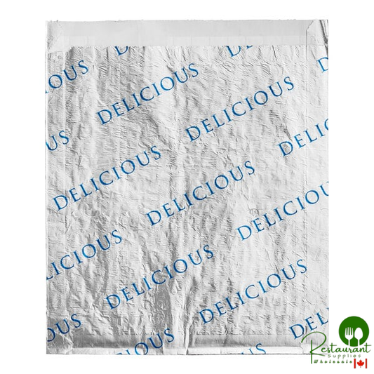 Bagcraft 6" x 3/4" x 6 1/2" Printed "Delicious" Insulated Foil Honeycomb Hamburger Bag - 1,000/Case