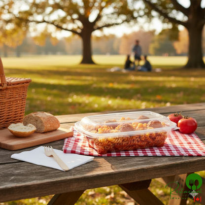 Inline Plastics Safe-T-Chef 35 oz. Tamper-Resistant, Tamper-Evident Vented Rectangular Hinged Container with Dome Lid - 128/Case