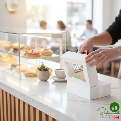 8" x 5 3/4" x 2 1/2" White Customizable Auto-Popup Window Cake / Bakery Box By Prime- 200/Case