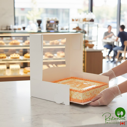 14" x 10" x 4" White Customizable Quarter Sheet Auto-Popup Window Cake / Bakery Box By Prime- 100/Case