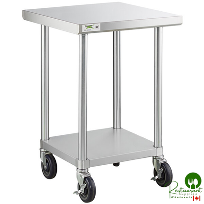 24" x 24" 18-Gauge 304 Stainless Steel Commercial Work Table with Galvanized Legs, Undershelf, and Casters By Prime
