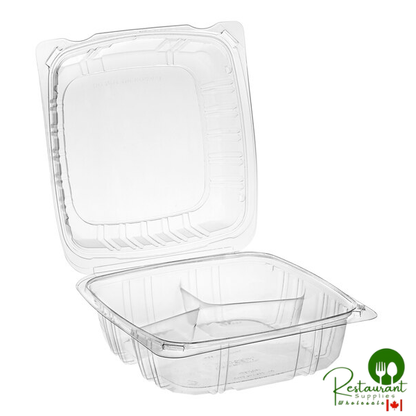 Choice 8" x 8" x 3 3/8" Clear Hinged PET Plastic 3-Compartment Clamshell Container - 200/Case