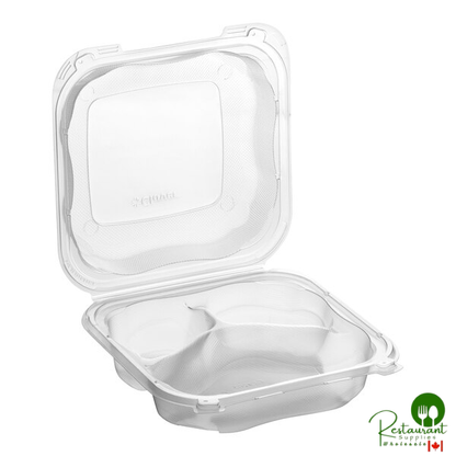 Genpak Clover 8" x 8" x 3" Microwavable 3-Compartment Clear Plastic Hinged Container - 150/Case