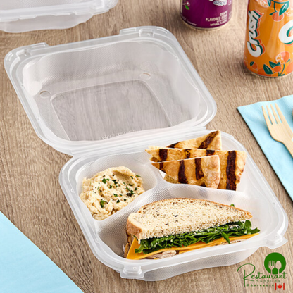 Genpak Clover 8" x 8" x 3" Microwavable 3-Compartment Clear Plastic Hinged Container - 150/Case