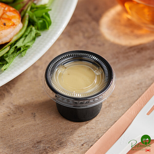 Choice 1 oz. Black Plastic Souffle Cup / Portion Cup with PET Plastic Lid - 100/Case