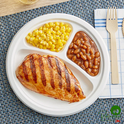 EcoChoice 9" Compostable White Plant Fiber Plant Fiber Plate 3 Compartment - 500/Case