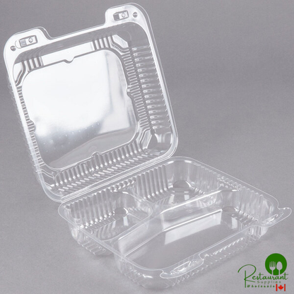 Durable Packaging PXT-833 8" x 8" x 3" Three Compartment Clear Hinged Lid Plastic Container - 125/Pack