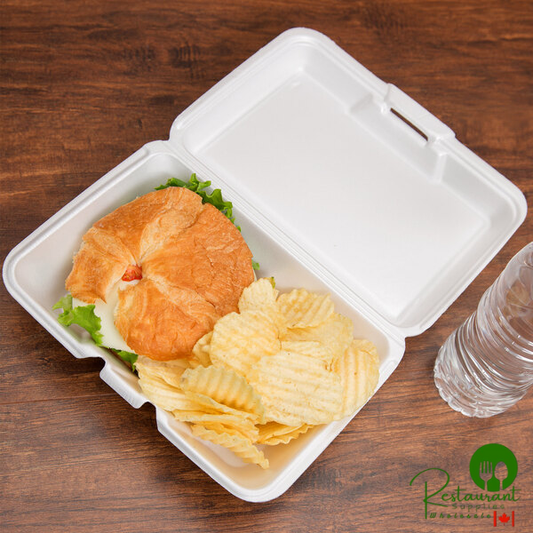 Genpak 20500-WHT 9 3/16" x 6 1/2" x 2 7/8" White Large Deep All Purpose Foam Hinged Lid Container - 200/Case