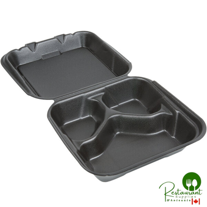Genpak SN243-BK 8" x 8" x 3" Black 3-Compartment Hinged Lid Foam Container - 200/Case