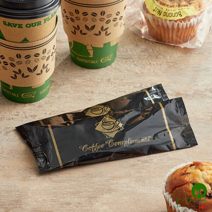 Double Serving Hot Beverage Condiment Kit with Black / Gold Packaging - 500/Case