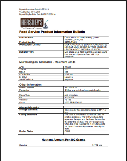 HERSHEY'S Milk Chocolate 1M Baking Chips 25 lb