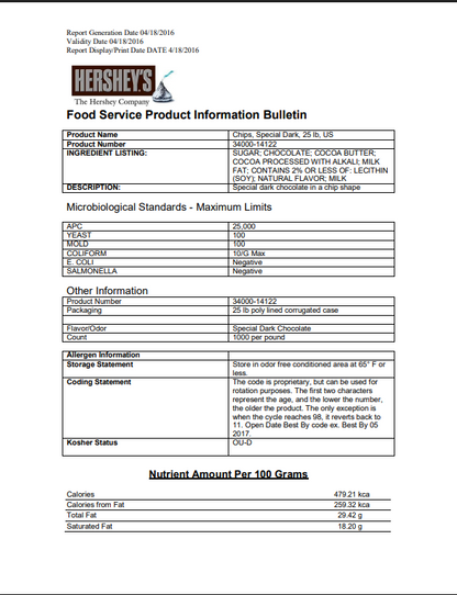 HERSHEY'S 1M Special Dark Chocolate Baking Chips 25 lb Bulk