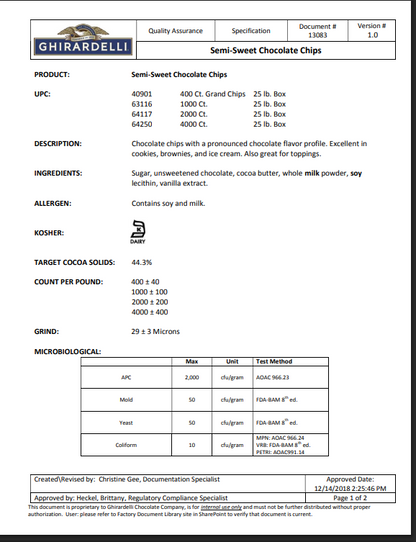 Ghirardelli 1M Semi-Sweet Chocolate Baking Chips 35 lb Bulk
