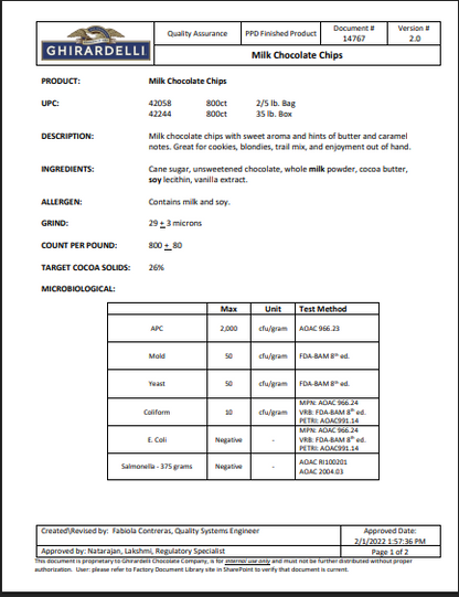 Ghirardelli .8M Milk Chocolate Baking Chips 35 lb Bulk