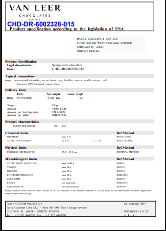 Van Leer Semi-Sweet 1M Chocolate Chips – 22 lb Bulk